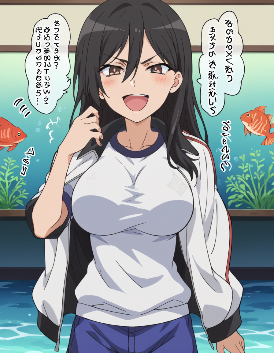 score_9, score_8_up, score_7_up, source_anime, <lora:seiri-fukiyose-indexs2-ponyxl-lora-nochekaiser:1>, seiri fukiyose, long hair, black hair, brown eyes, hair between eyes, anime screencap,, large breasts, shirt, jacket, shorts, gym uniform, blue shorts, track jacket, jacket on shoulders, gym shorts, aquarium, water, fish, tanks, blue, , <lora:pov-bullying-ponyxl-lora-nochekaiser:1> pov bullying, teasing, smug, bullying, laughing, open mouth, blush, hand up, cowboy shot,, looking at viewer, solo,, dutch angle, cowboy shot