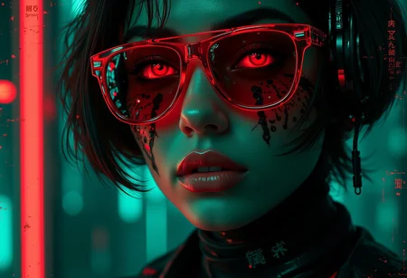bo-abyss, Hyper-realistic close-up portrait of a futuristic woman
A retro-futuristic portrait of an enigmatic woman with red sunglasses, her expression mysterious and captivating. The background is a dark green, adding to the poster's eerie atmosphere. Her features include short black hair and bold makeup, illuminated by neon lights that cast soft shadows on her face. Inspired by the movie posters for 'The Matrix', this artwork captures her in sharp focus against a dark backdrop, emphasizing the contrast between light and shadow in the style of the film's aesthetic.
the colors are vivid and vivid, enhancing the ethereal and otherworldly feel of the scene, partially blended with abstract digital elements. The scene has a dark, moody ambiance. The background features layers of glitch art, fragmented texts, and metallic textures. contrasting against the monochromatic tones of black, grey, and hints of blue. Smudged paint and scratches add a sense of decay and technology, <lora:Flux\boFLUX digital-abyss.safetensors:1.0:1.0>