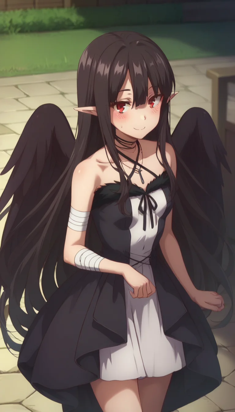 score_9,score_8_up,score_7_up,score_6_up BREAK official art,solo,outdoors,upper body,(portrait:1.5),looking at viewer,facing viewer,smile,blush,Eve,very long hair,black hair,shiny hair,hair intakes,pointy ears,sidelocks,hair between eyes,parted bangs,red eyes,jewelry,choker,necklace,bare shoulders,collarbone,halterneck,black coat,white dress,sleeveless dress,halter dress,strapless dress,criss-cross halter,black ribbon,fur trim,small breasts,bandaged arm,black wings,feathered wings,black feathers,bare legs,no socks,mary janes,black footwear,<lora:Eve(rh)-Pony:1.6>,