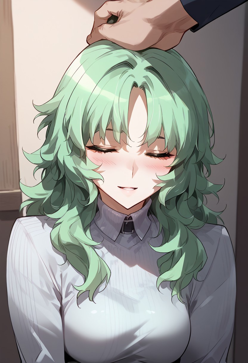 zPDXL3, score_9_up, score_8_up, score_7_up, (Anime_source), 1girl, headpat, pov hands, VivianBelkan blue eyes, green hair, long hair, turtleneck sweater, ribbed sweater, sweater dress, parted lips, bright smile, closed eyes, blush, upper body