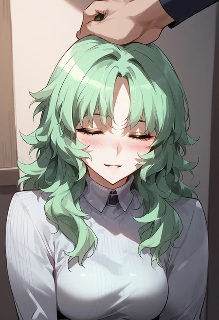 zPDXL3, score_9_up, score_8_up, score_7_up, (Anime_source), 1girl, headpat, pov hands, VivianBelkan blue eyes, green hair, long hair, turtleneck sweater, ribbed sweater, sweater dress, parted lips, bright smile, closed eyes, blush, upper body
