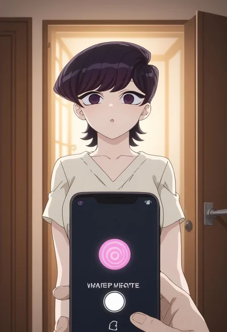 score_9, score_8_up, score_7_up, score_6_up, source_anime, masterpiece, best quality, ultra-detailed, highres, absurdres, cinematic lighting,
1girl, Shuuko Komi,
doorway, front door, answering door, hand on door, opening door,
looking at viewer,
1boy, mind control, hypnosis, smartphone, pov holding phone,
female focus, 3/4 angle view, three quarter view, from below, ,shuuko komi, shuuko komi, short hair, black hair, black eyes