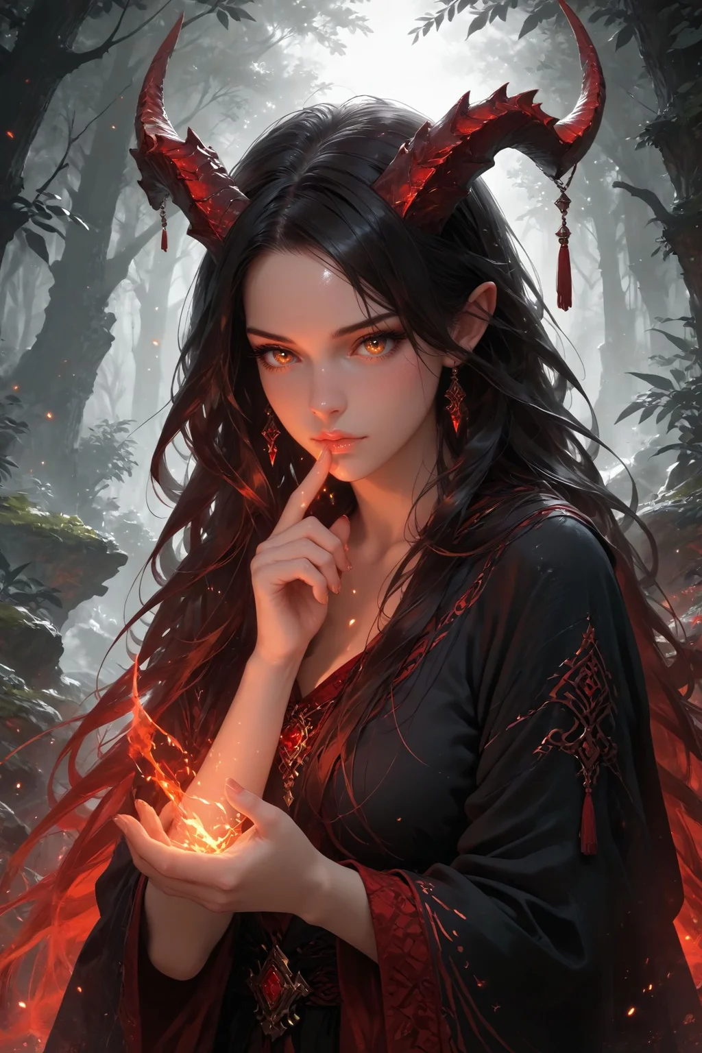 detailed background,Cinematic Lighting,film grain,score_9,score_8_up,score_7_up,masterpiece,best quality,highly detailed,
<lora:(增强)sdxl_lightning_8step_lora:1>,<lora:glowneon_xl_v1:1>,(glowing),<lora:hand 4:1>,hand person,<lora:Expressive_H:0.8>,Expressiveh,<lora:MythM4ngaStyle:0.6>,
zPDXL,solo,monster girl,very beautiful,wizard,black robe,red trim,long hair,horns,scales,blue and purple gradient skin,magic on finger,in the forest,fantasy,solo focus,epic,concept art,realistic,highly detailed,black and red theme,monochrome,greyscale,