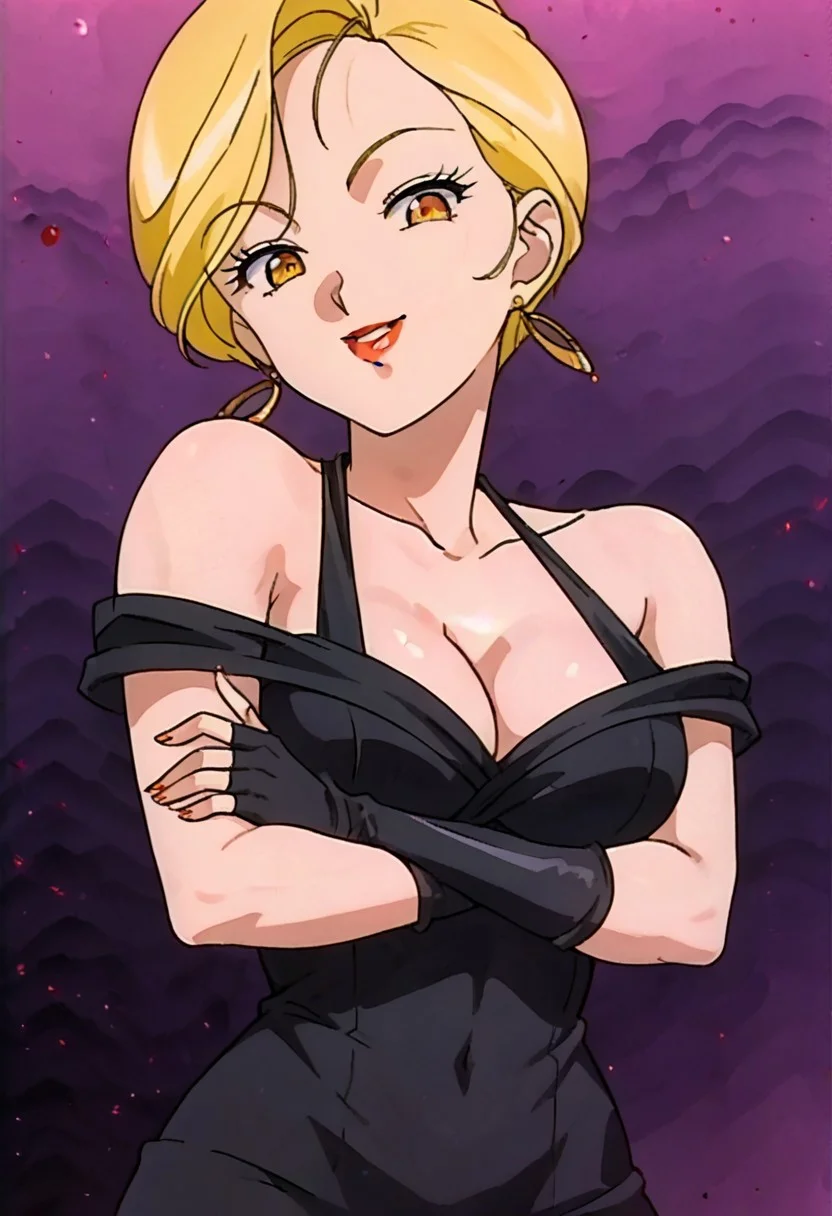 score_9, score_8_up, score_7_up, source_anime, rating_explicit, 1girl, (mature female:1.2), solo, ideal ratio body proportions, intricate details, (best quality, amazing quality, perfect anatomy:1.4), very aestheic, incredibly absurdres, masterpiece, anime screencap, extremely detailed CG, uncensored, beautiful, purple background, Digital Space, BREAK 
performa, short hair, blonde hair, makeup, red lips, gold eyes, earrings, black dress, black skirt, long skirt, off-shoulder, halter strap, long gloves, fingerless gloves, large breasts, cleavage, BREAK 
pov, portrait upper body, from below, standing, looking at viewer, smile, parted lips, teeth, crossed arms, BREAK