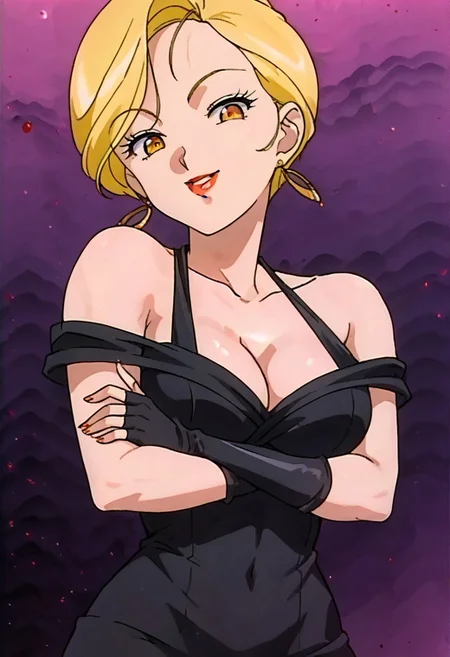 score_9, score_8_up, score_7_up, source_anime, rating_explicit, 1girl, (mature female:1.2), solo, ideal ratio body proportions, intricate details, (best quality, amazing quality, perfect anatomy:1.4), very aestheic, incredibly absurdres, masterpiece, anime screencap, extremely detailed CG, uncensored, beautiful, purple background, Digital Space, BREAK
performa, short hair, blonde hair, makeup, red lips, gold eyes, earrings, black dress, black skirt, long skirt, off-shoulder, halter strap, long gloves, fingerless gloves, large breasts, cleavage, BREAK
pov, portrait upper body, from below, standing, looking at viewer, smile, parted lips, teeth, crossed arms, BREAK