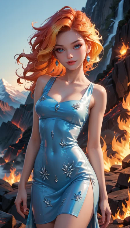 score_9, score_8_up, score_7_up, Cowboy Shot, girl, cute, seductive, innocent, light smile:0.3, plump lips, slender body, fire and ice, flaming hair, wild hair, in ice dress, Volcano Background, 4n1v3rs3, depth of field, dynamic angle, fashion photography, sharp, hyperdetailed:1.15