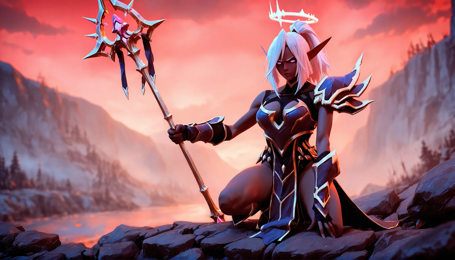 anime artwork concept art masterpiece, best quality, amazing quality,
<lora:lohushka:1> lohushka, 1girl, solo, white hair, pointy ears, elf, breasts, dark-skinned female, dark elf, purple eyes, ponytail, shoulder armor, pelvic curtain,
(night:1.2),<lora:NOOB_vp1_detailer_by_volnovik_v1:1> <lora:cfg_scale_boost:1> <lora:dark_v1.9-pony:0.5> <lora:nhl-001:0.9> nhl-001, limited palette, realistic, on one knee, holding staff, scowl, v-shaped eyebrows ,cloudy, godrays, sunshine, riverbank background, holy halo ,wide shot, depth of field, realism, corpses,, battlefield, red sky . digital artwork, illustrative, painterly, matte painting, highly detailed . anime style, vibrant, studio anime, highly detailed