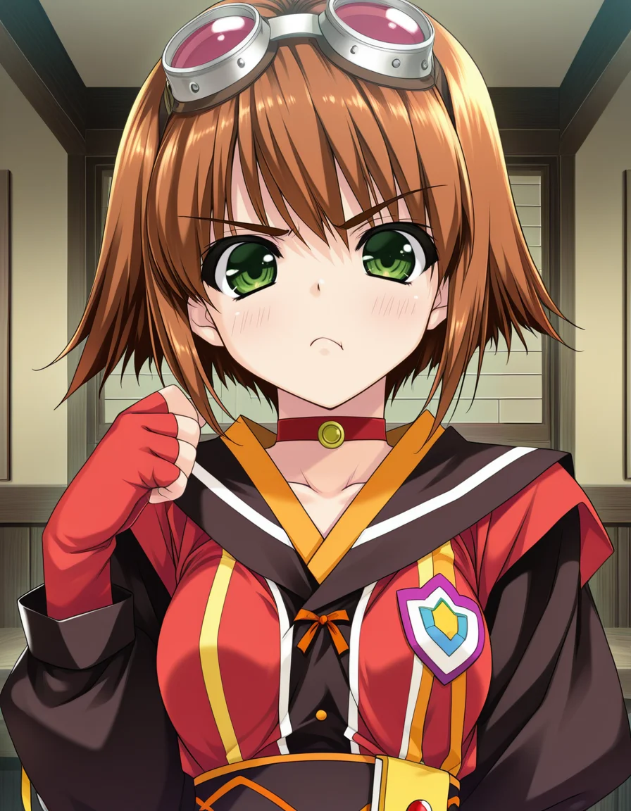 (shintarou), <lora:1_illu_shintarou_14ev2:1>, 1girl, rita mordio, tales of (series), looking at viewer, green eyes, brown hair, short hair, goggles on head, choker, long puffy sleeves, black sleeves, red shirt, fingerless gloves, grumpy, pouty frown, medium breasts, chemist laboratory, (masterpiece, best quality, amazing quality),