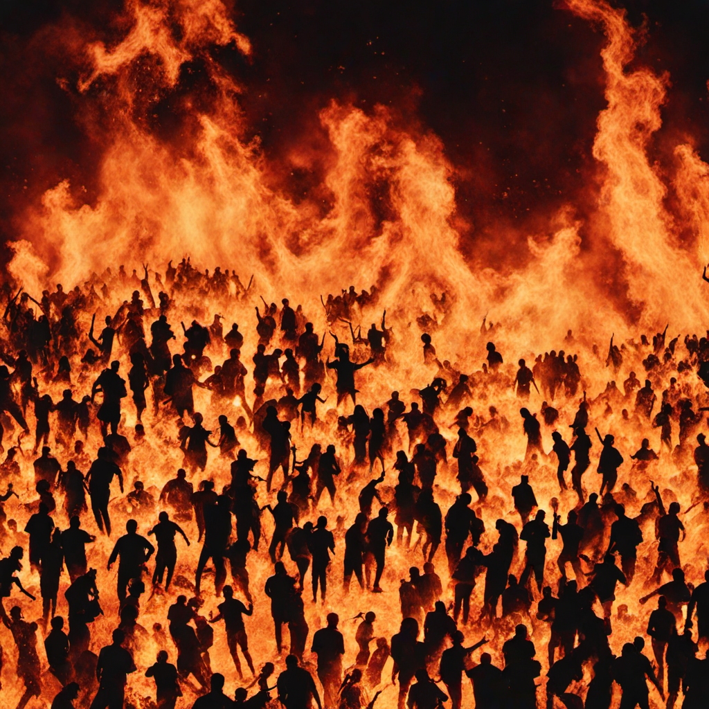 crowd of people in inferno <lora:inferno:1> , all over,  black background