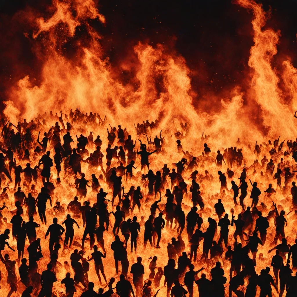 crowd of people in inferno <lora:inferno:1> , all over,  black background