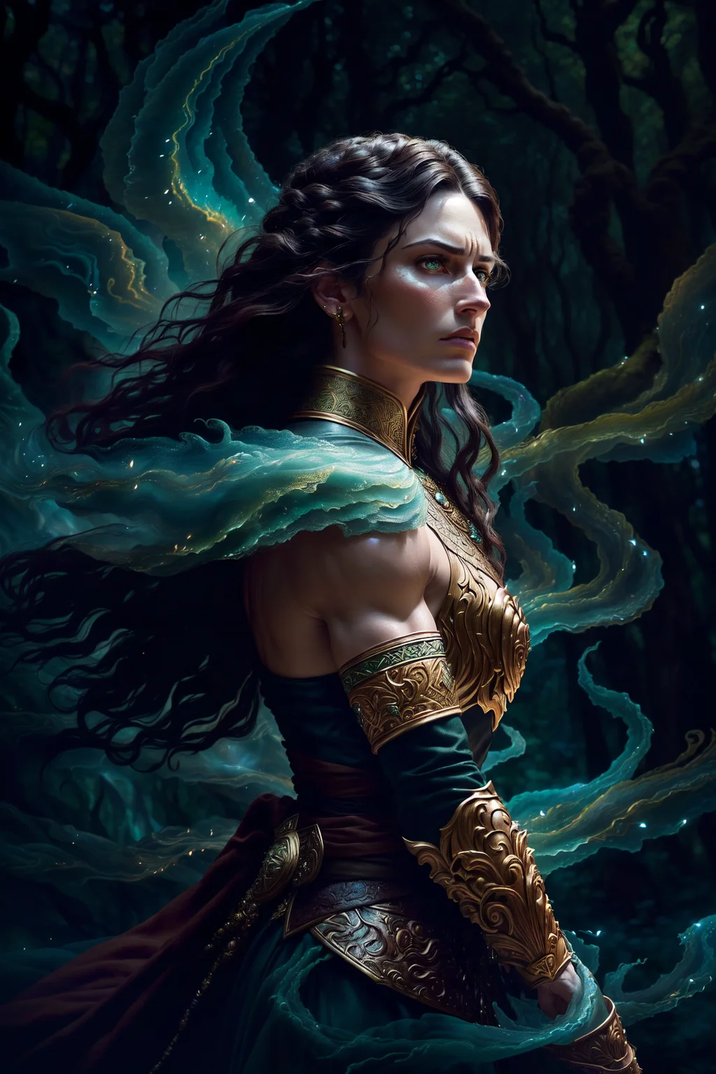An award-winning character concept art of a fierce warrior princess, with (dark hair:1.1), (green eyes:1.1), and ornate leather armor made out of (style-swirlmagic:1.1), in a (mystical forest:1.1) setting, and (gazing off into the distance:1.2), with (windswept hair:1.1), (defined muscles:1.2), and (intense expression:1.2), by (Annie Leibovitz:1.3) and Steve McCurry, created using (Maya:1.2), (8K:1.1) highly detailed character concept portrait, with (studio lighting:1.2), (natural lighting:1.1), and (dramatic lighting:1.2), using (Octane Render:1.2), (4K:1.1) high quality digital painting, (looking at viewer:1.2), (solo:1.1), and (from side:1.1), (highly detailed:1.2), and (trending on Artstation:1.2)