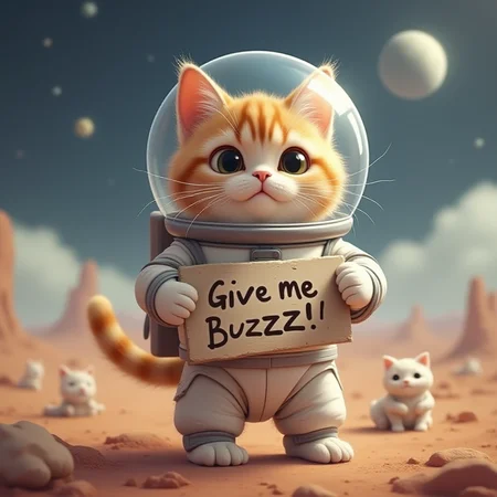 A beautiful cat, cute, cuddly, charming, wonderful, wearing an astronaut uniform, in a world of cats, arriving on an unknown planet, full of cute kittens, holding a sign: Give me Buzz!,