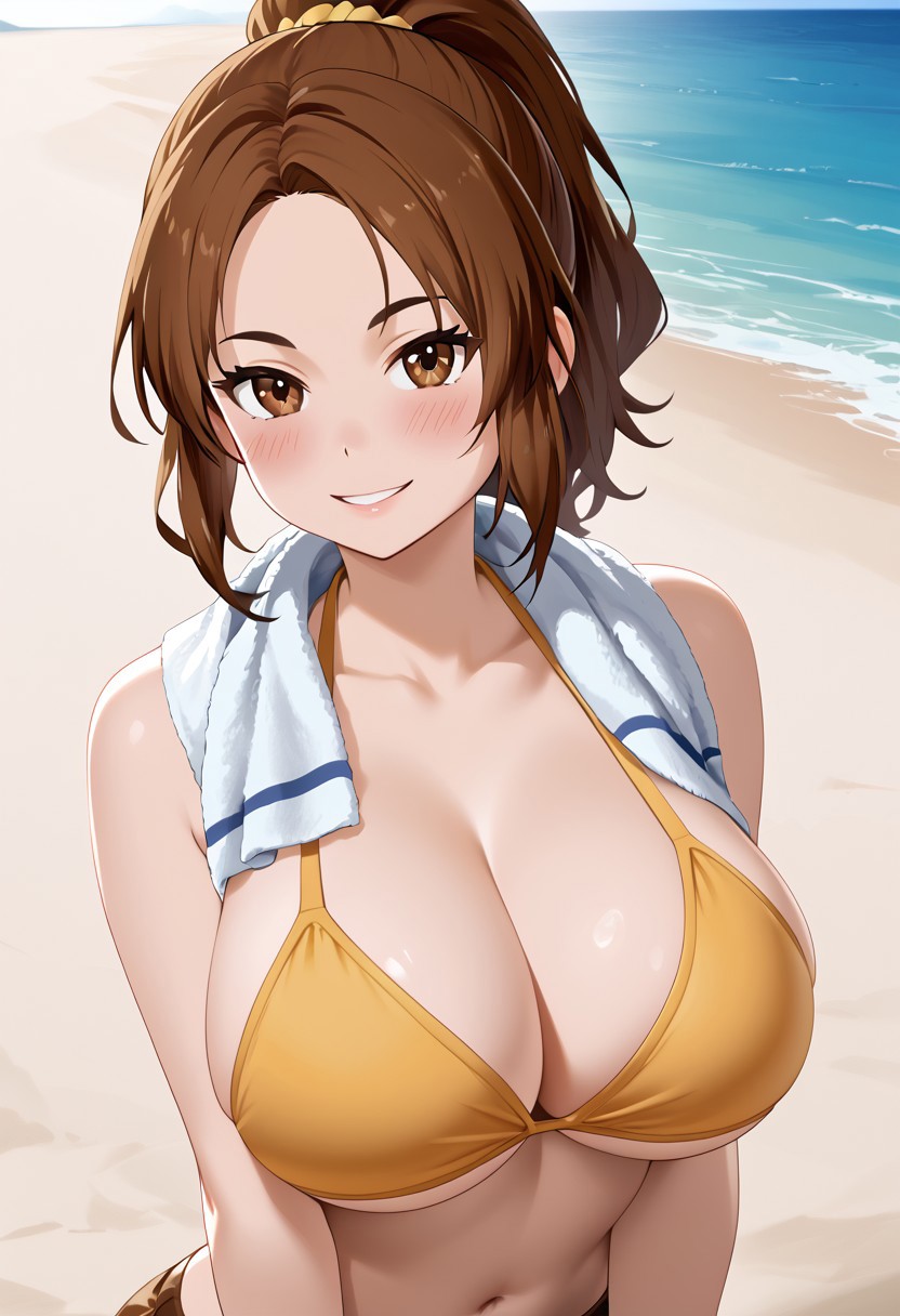 score_4,score_5,score_6,score_7_up,score_8_up,score_9 ((masterpiece,best quality,ultra detailed,highres,HD,4k:1.2)), 
((upper body)),
1girl,solo,gir focu,solo focus,face focus,
large breast, huge breast, Forehead,brown hair, medium hair, ponytail, brown eyes, yellow bikini top, short shorts, navel, towel around neck, sandals,
sun,summer,beach,sea,
looking at viewer,blush,smile,