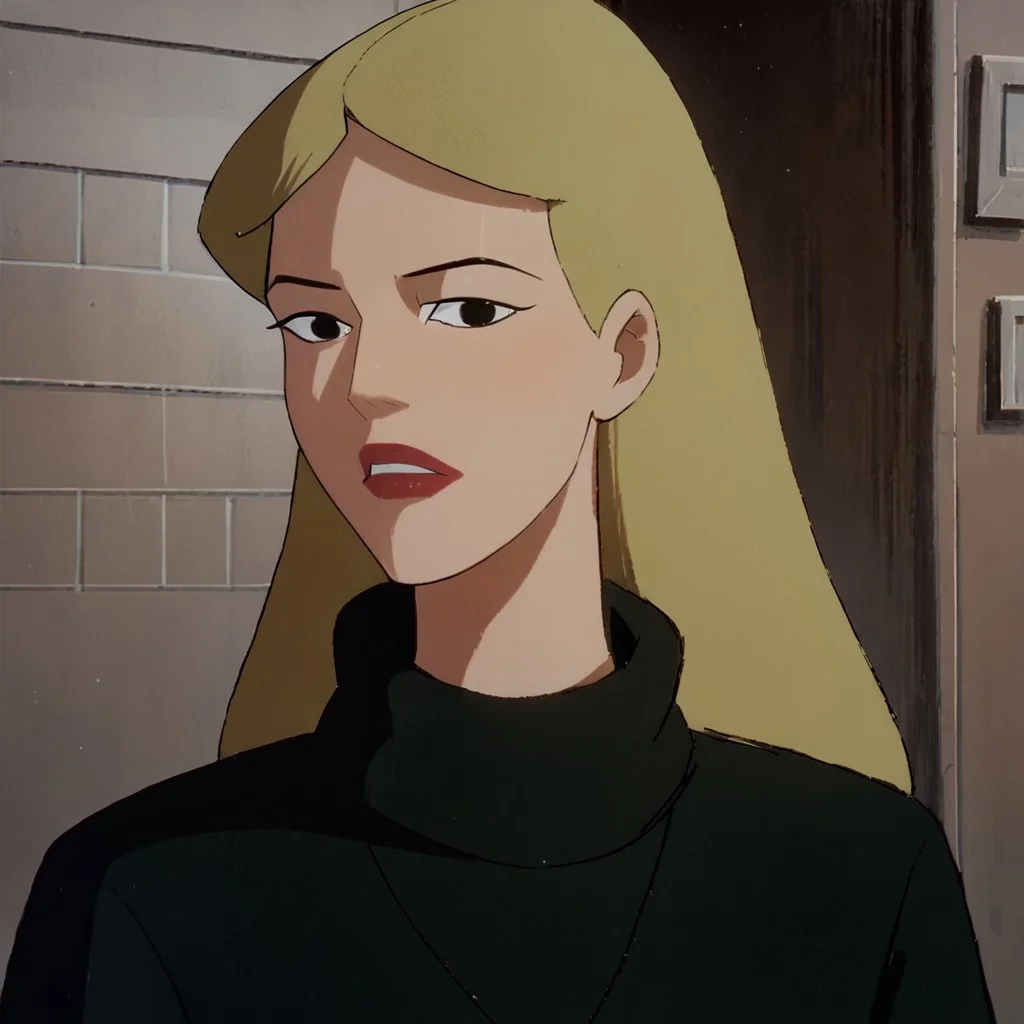 safe_pos, score_9, score_8_up, score_7_up, 1girl, solo, lipstick, blonde hair, long hair, black eyes, breast, black shirt, necklace, TobyRaynesSA, looking at viewer