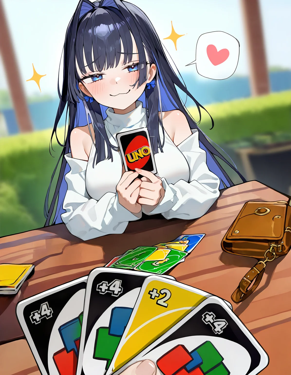 (masterpiece, best quality, amazing quality, very aesthetic, absurdres), <lora:unoloss-vpred-1:1> holding card, pov across table, uno \(game\), imminent uno loss \(meme\), spoken heart, sparkle, solo focus, pov hands, 1girl, pov hands, happy, ((smug)), closed mouth, :3, half-closed eyes, ouro kronii \(casual\), blurry background, <lora:EatSleep1111VPRED:0.8> eatsleep1111style, bare shoulders, looking at viewer, bag, raised inner eyebrows,