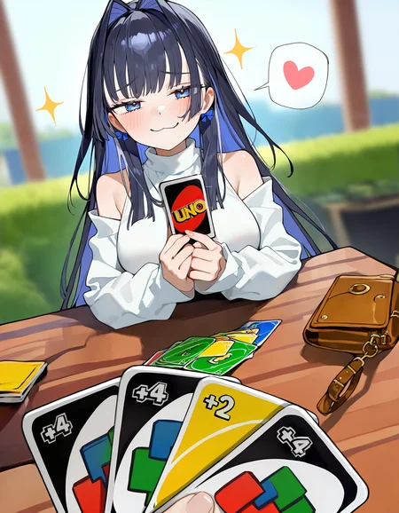 (masterpiece, best quality, amazing quality, very aesthetic, absurdres), <lora:unoloss-vpred-1:1> holding card, pov across table, uno \(game\), imminent uno loss \(meme\), spoken heart, sparkle, solo focus, pov hands, 1girl, pov hands, happy, ((smug)), closed mouth, :3, half-closed eyes, ouro kronii \(casual\), blurry background, <lora:EatSleep1111VPRED:0.8> eatsleep1111style, bare shoulders, looking at viewer, bag, raised inner eyebrows,