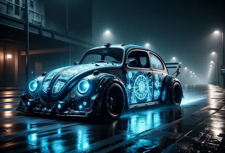 In the depths of a dark, rainy night, amidst the shadows of a deserted urban street, roars The Sleek Specter—a highly customized 1973 Volkswagen Beetle. Its sleek, silver metallic body glistens under the soft, ambient glow of the scattered streetlights. Blue glowing headlights pierce through the downpour, illuminating the intricate white glowing runes etched meticulously along its form. The Specter boasts 20-inch black XD series BB custom rims, paired with a lowered suspension and wide black wheels, giving it a menacing stance. A body kit, including a front splitter and side skirts, further enhances its aggressive silhouette. Blue and white light emanates from beneath, casting an ethereal glow on the rain-soaked pavement, reflecting the night’s chill. The scene is set in a dystopian landscape, where the glistening streets serve as a battlefield for this mechanical marvel. As it speeds through the narrow alleys, the dramatic ambient lighting dances off its polished surfaces, while rim lighting highlights every contour. Each raindrop sizzles and bounces off its chrome skin, adding to the thrill of the chase. Captured through the lens of a Canon EOS R5 paired with an RF 15-35mm f/2.8L IS USM, every detail is brought into sharp focus. The glowing runes pulsate with a mystical energy, blending the futuristic with the arcane. Amidst the swirling chaos and the reflective wet asphalt, The Sleek Specter stands out as a beacon of raw power and eerie beauty.