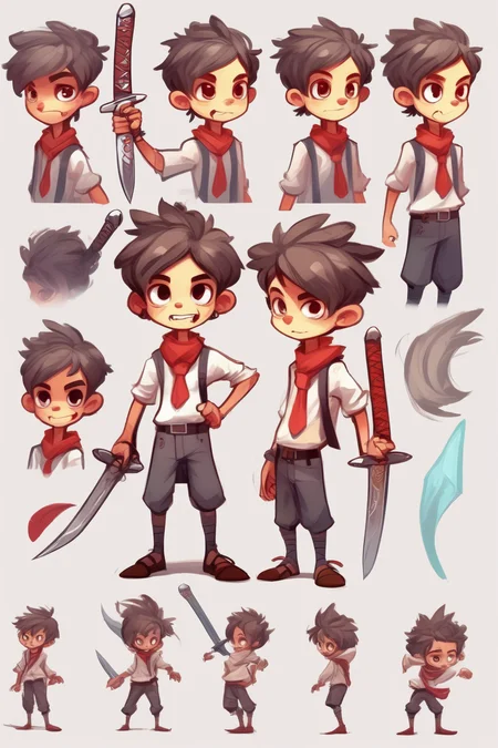 <lora:Character Design:1>Character Design - Character design for a sword-wielding boy School uniform attire Red scarf or neckerchief Monster Boy game style Eight-directional movement Cartoonish art style Playful or adventurous expression Colorful and vibrant design Exaggerated or stylized features Dynamic and action-packed poses Sword or blade weapon Whimsical or fantasy influence Unique or magical abilities Expressive eyes and facial features Iconic hairstyle or headgear Detailed and fluid animation Charming and lovable personality.