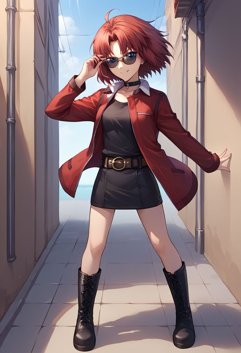score_9, score_8_up, score_7_up, source_anime,(1girl), solo, ryougi shiki, short hair, red hair, blue eyes, choker, red jacket, collar, boots, black minidress, short dress, black shirt, belt, standing, smiling, sunglasses, shades, aviators