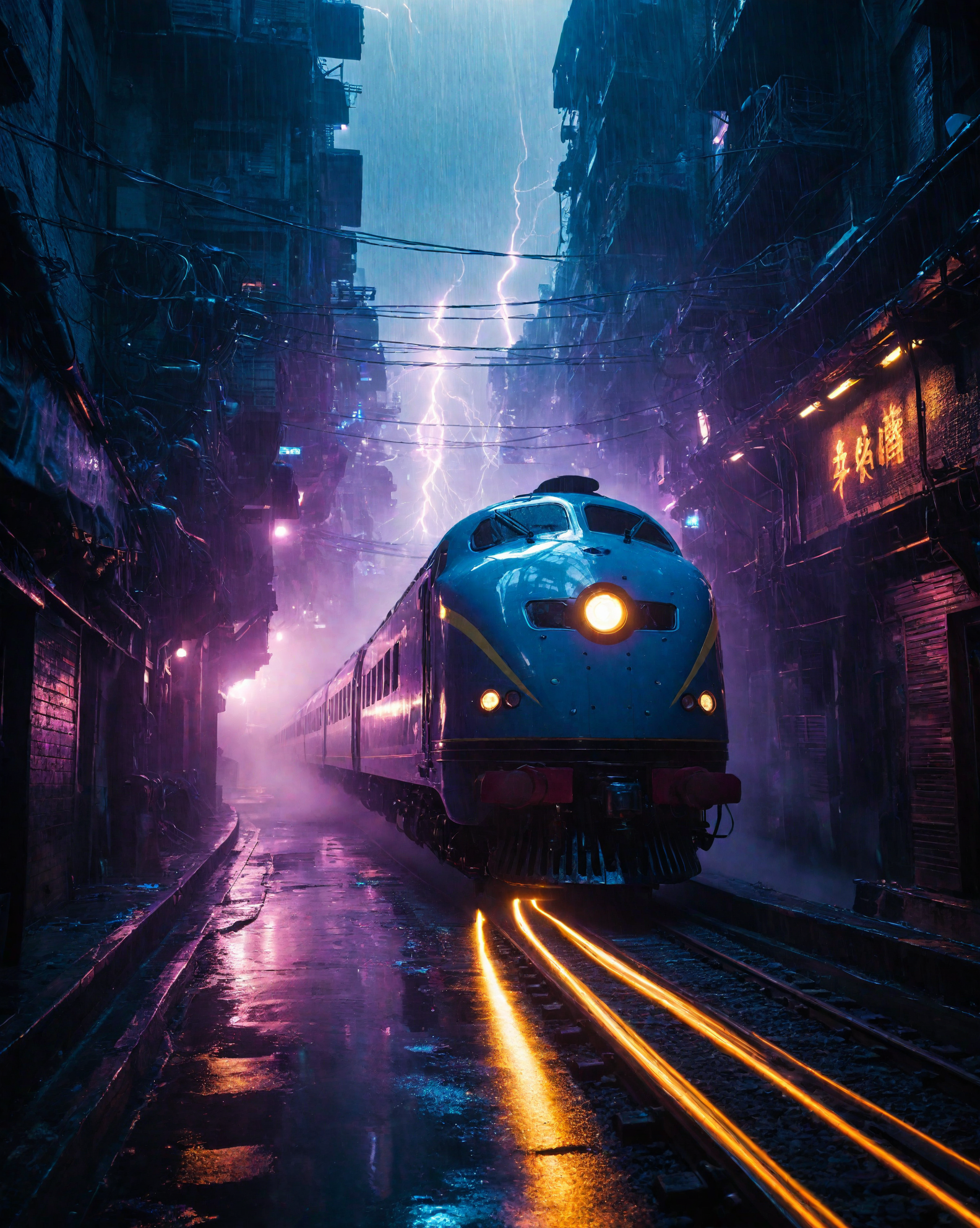 a scifi futuristic concept steam train, curvy and aerodynamic, Kowloon walled city narrow winding alleyway, light speed, flash, heavy rain, motion trail, a shining star(sun) in the background, (speed lines:1.1), (motion blur:1.1), high contrast, deep focus, TRON, style by Ridley Scott, Cyberpunk 2077, Bladerunner, fog, mist, epic visual effects, arc lightning, underglow, interstellar, flow, detailed, scifi, extremely detailed textures, star blast, dark vibrant colors, cosmic art, stars in background, headlights, cinematic scene, lens flare, cinematic color grading, film still, god rays, glow, art of Doug Chiang and John Park glowneon, fuji cinestill, light leak, glowing, sparks, lightning, ultra detailed  <lora:add-detail-xl:2>, dramatic lighting  <lora:blacklight_makeup_v2:1> ultraviolet blacklight reactive paint, powerlines, catwalks, alleyway  <lora:SDS_Contrast tool_XL:0.8>