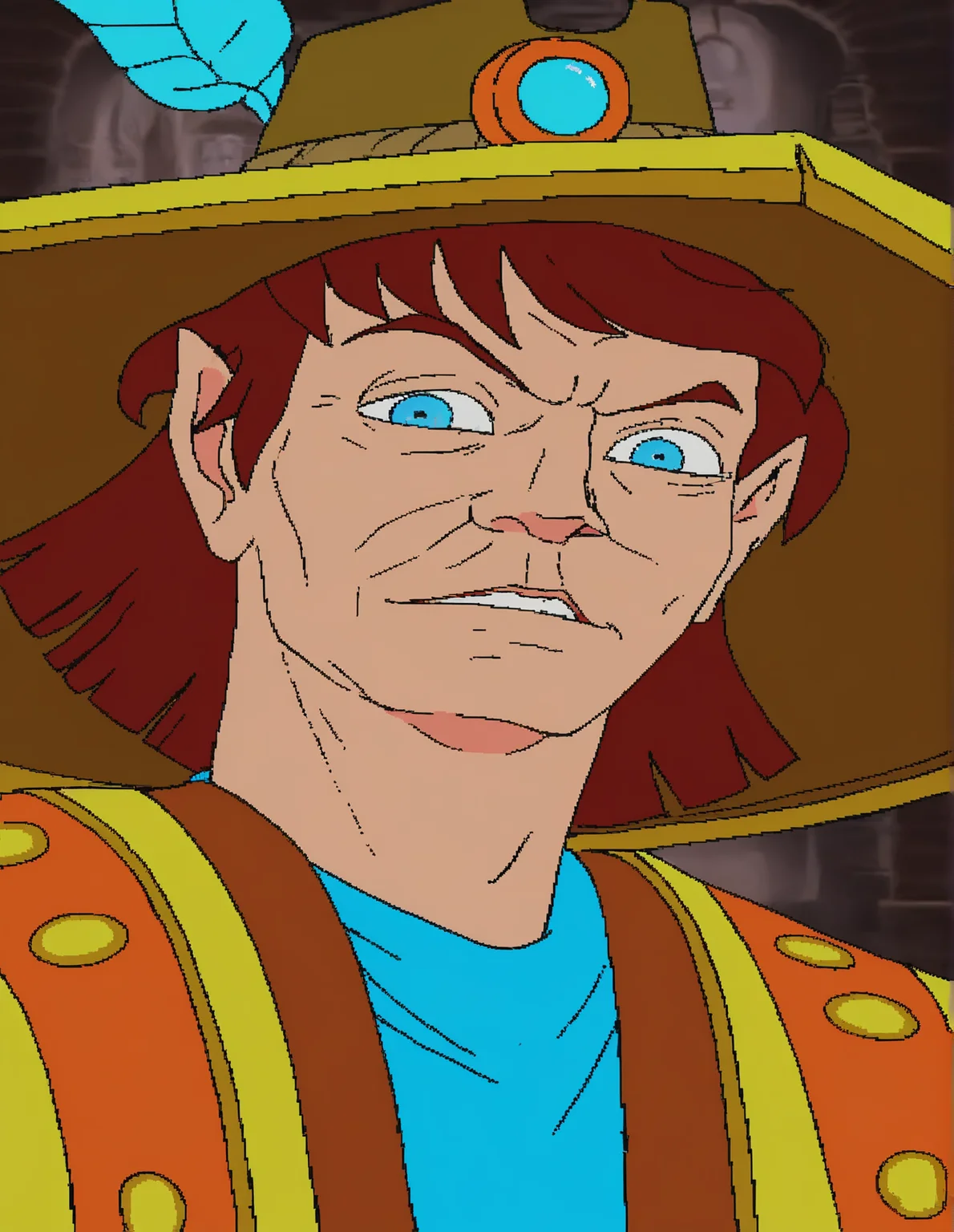 <lora:cdi-style_vpred-noobaiv10_:1> best quality, masterpiece, cdi style, flat colors, lord kiro, solo, headgear, clothing, blue eyes, male, mammal, headwear, hat, red hair, hair, human, looking at viewer,âââ