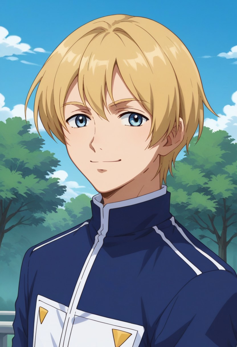 score_9, score_8_up, score_7_up, source_anime, highly detailed, 
1boy, male focus, solo, blonde hair, blue eyes, uniform, shirt, blue shirt, jacket, cropped jacket, blue jacket, smile, upper body
outdoor, sky, cloud, tree