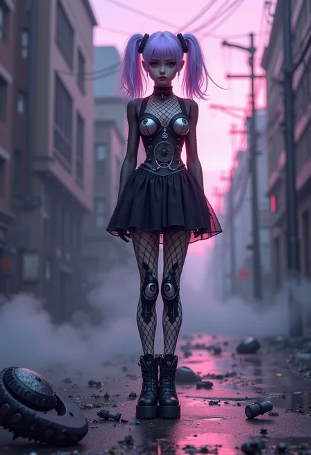 Imagine a pastel goth girl with lavender pigtails standing in a dark, haunted futuristic city. She wears a see-thru black fishnet dress with intricate skull patterns and chunky platform heel boots. She has large breasts and a mixed body (Half mechanical, half human). The street glows softly in pastel hues, while fog swirls around her legs. Lost broken robots and old gears are spread around the scene The sky is a mix of soft pink and deep black, creating a chilling yet oddly calming atmosphere, like a haunted, dreamy world where the cute and creepy collide.