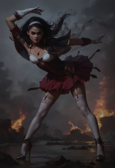 score_9, score_8_up, score_7_up, highly_detailed, masterpiece, sharp focus, realistic, photo-realistic, masterpiece, 8k, high detail RAW color art, shallow depth of field, close up,
(fantasy theme), dystopian, smoky atmosphere, nighttime, (Caucasian), (petite), thin, freckles, (flirty), (messy black hair), (detailed oily skin), (ornate necklace), standing, flirty but action pose, (elemental girl spinning fire and water in her hands),
hairband, black capelet, white gloves, white shirt, red skirt, white thighhighs, garter straps, high heels,