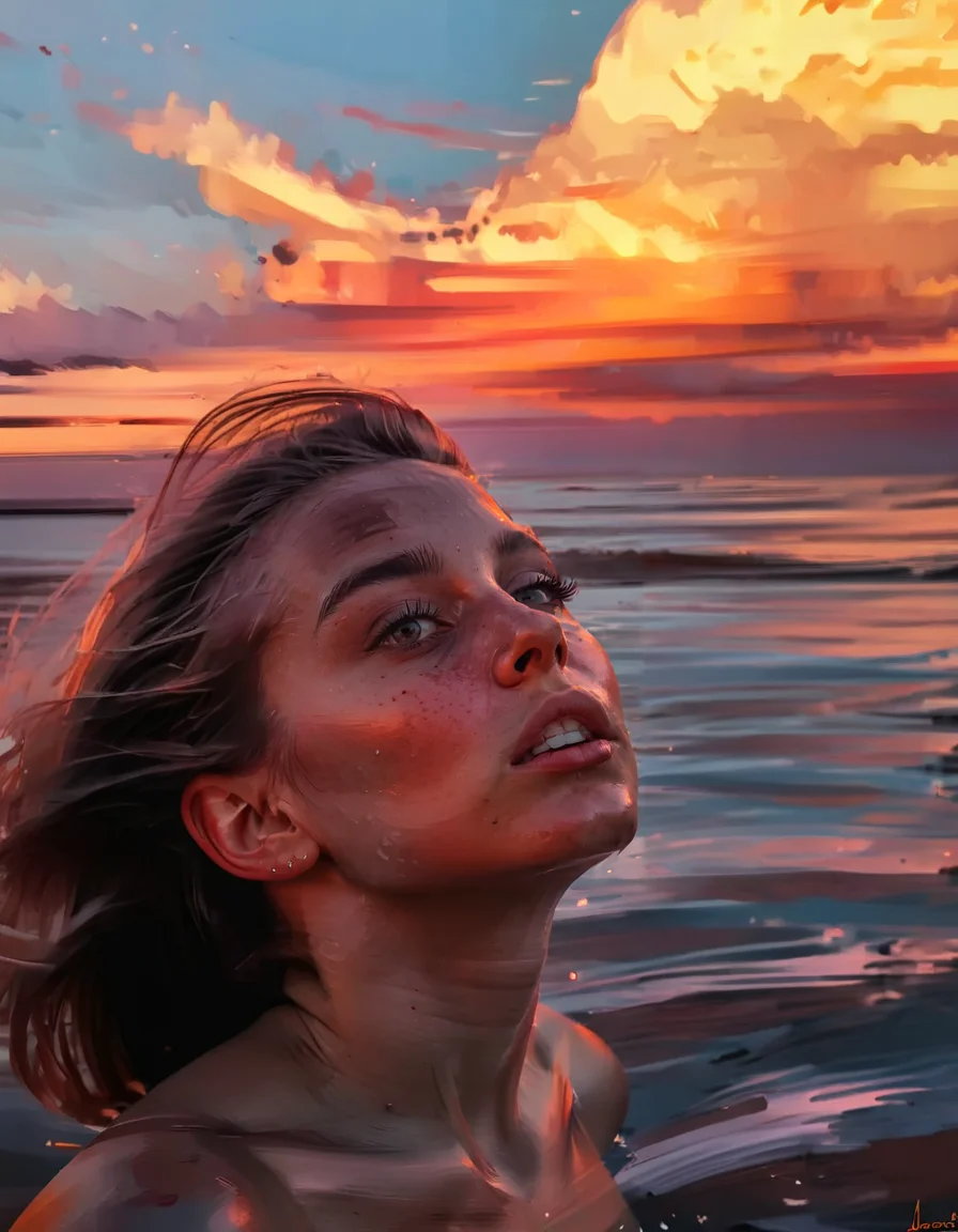 bust portrait of a girl, aesthetic pose,close view,extreme close up,
sunset, clouds,shore,
<lora:aenami_notags_sdxl:1>