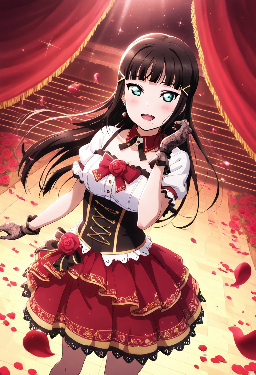 masterpiece, best quality, solo, 1girl, happy, aged up,
 dia_kurosawa, kurosawa_dia, long hair, bangs, black hair, hair ornament, green eyes, sidelocks, hairclip, blunt bangs, mole, mole under mouth, medium breasts, skirt, short sleeves, pleated skirt, rose-themed idol outfit, crimson and gold accents, corset top, lace gloves, rose petals falling, dramatic spotlight, grand stage with velvet curtains, romantic evening, glittering performance
