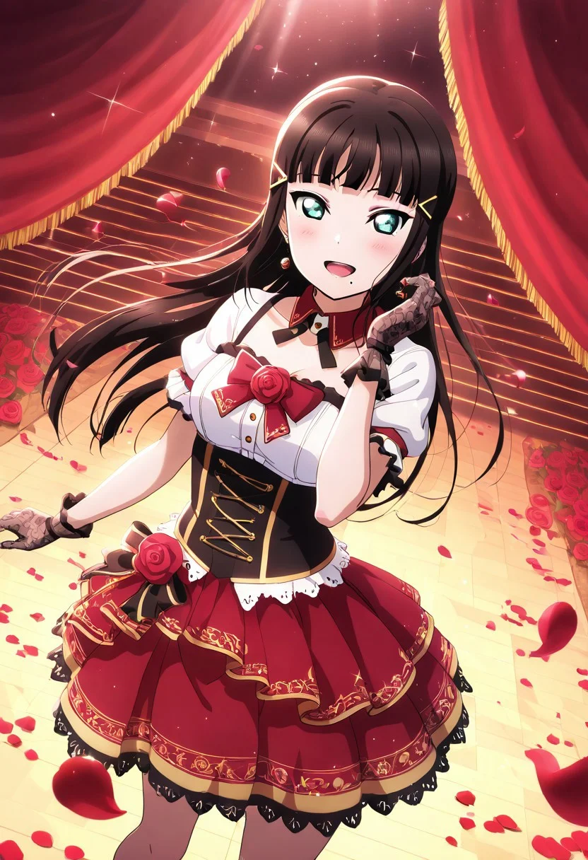 masterpiece, best quality, solo, 1girl, happy, aged up,
dia_kurosawa, kurosawa_dia, long hair, bangs, black hair, hair ornament, green eyes, sidelocks, hairclip, blunt bangs, mole, mole under mouth, medium breasts, skirt, short sleeves, pleated skirt, rose-themed idol outfit, crimson and gold accents, corset top, lace gloves, rose petals falling, dramatic spotlight, grand stage with velvet curtains, romantic evening, glittering performance