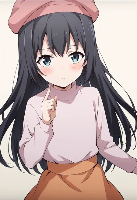 score_9, score_8_up, score_7_up, score_6_up, score_5_up, score_4_up, masterpiece, source_anime, BREAK 1girl, c-ruri, flat chest, black hair, long hair, blue eyes, pink beret, pink turtleneck, long sleeves, orange skirt, miniskirt, simple background, beige background, looking at viewer, blush, upper body, hand up,<lora:Rumi_Tsurumi_ver2_Pony_c:0.9>
