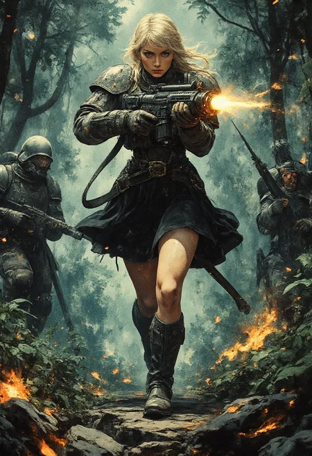 An epic cinematic film still of a beautiful karolineleavitt, charging into battle. She is wearing black skirt, and is armed with a heavy bolter. karolineleavitt has blonde hair with a long braid and bangs. The shot is taken at hip level and gives the impression of running. The scene is set in lush jungle of the death world, Catachan, she is shooting her bolter gun at an enemy outside of the frame chasing after her, empty bullet casting flying in the air, tracer bullets are whizzing by her, but she stands firm and resolute as the flame from gunfire is casting lights and shadows adding a dramatic sense to the scene, epic battle, night time, explosions, life or death battle, grimdark, cinematic color grading, highest quality. highly detailed, watercolor anime style. Dystopian, shades of gray with highlight colors. Angled, legs apart, pointing gun at camera. Extreme perspective. Action pose with gun. Cinematic action style. <lora:RetroAnimeFluxV1:0.7> <lora:Mezzotint_Artstyle_for_Flux_-_by_Ethanar:0.6> <lora:Karoline_Leavitt_FLUX:1> <lora:CPA:0.7> anime