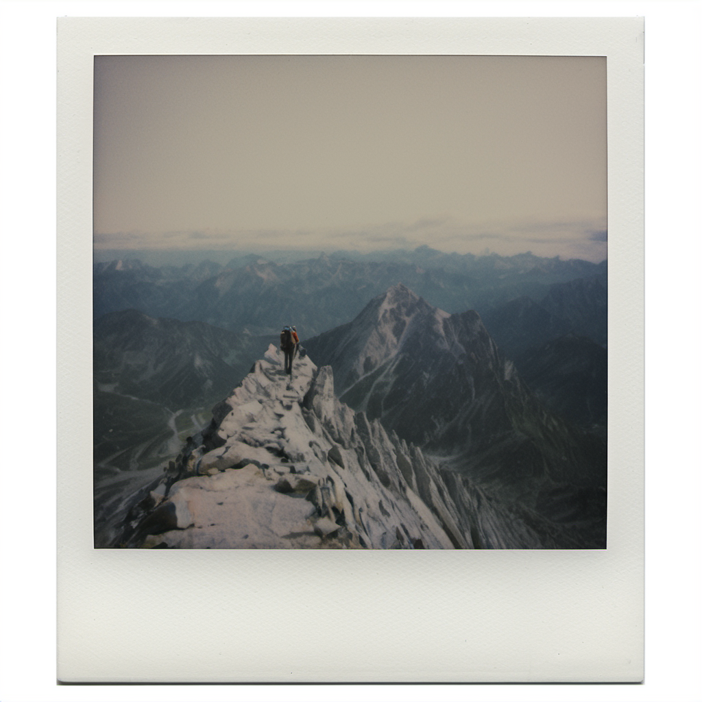 polaroid of A lone hiker reaching the peak of a mountain, taking in the panoramic view.  <lora:Polaroid_XL:1>