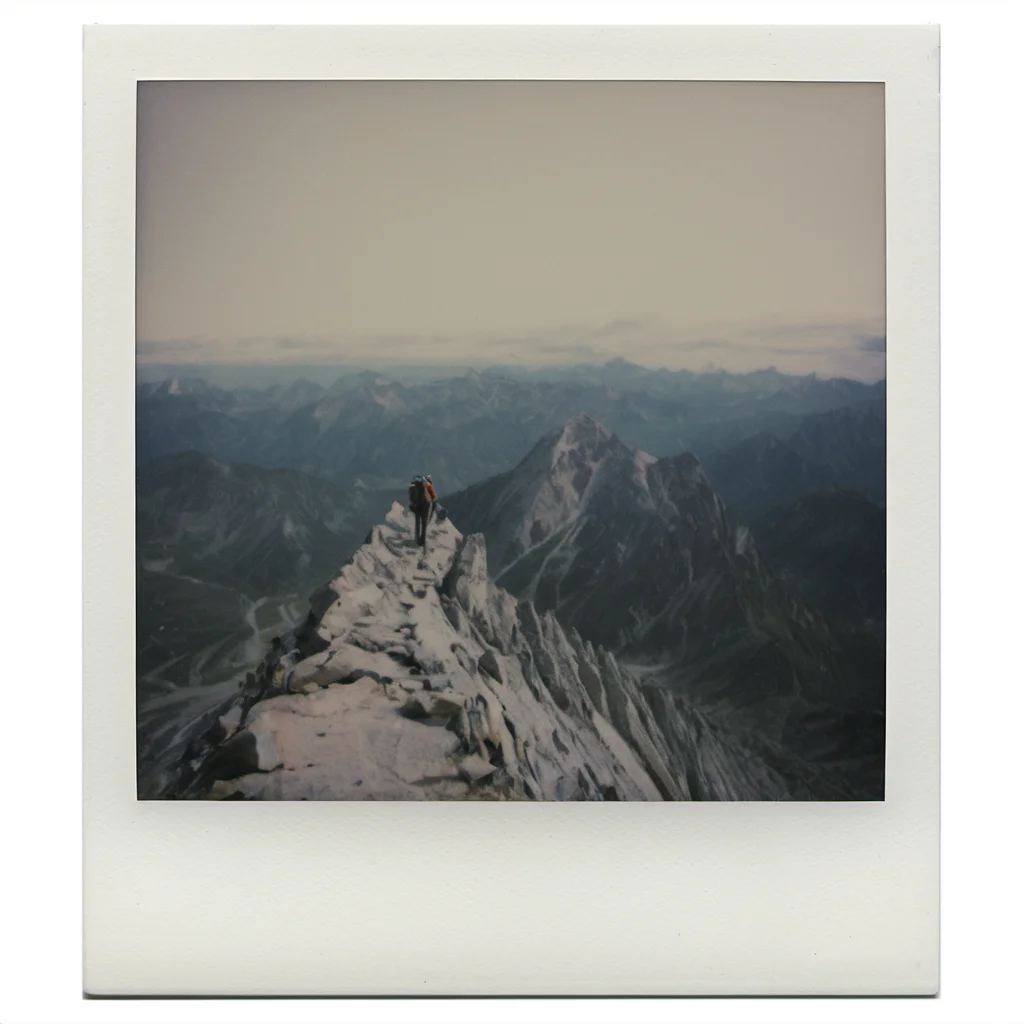 polaroid of A lone hiker reaching the peak of a mountain, taking in the panoramic view. <lora:Polaroid_XL:1>