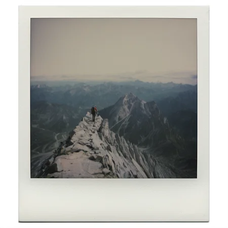 polaroid of A lone hiker reaching the peak of a mountain, taking in the panoramic view.  <lora:Polaroid_XL:1>