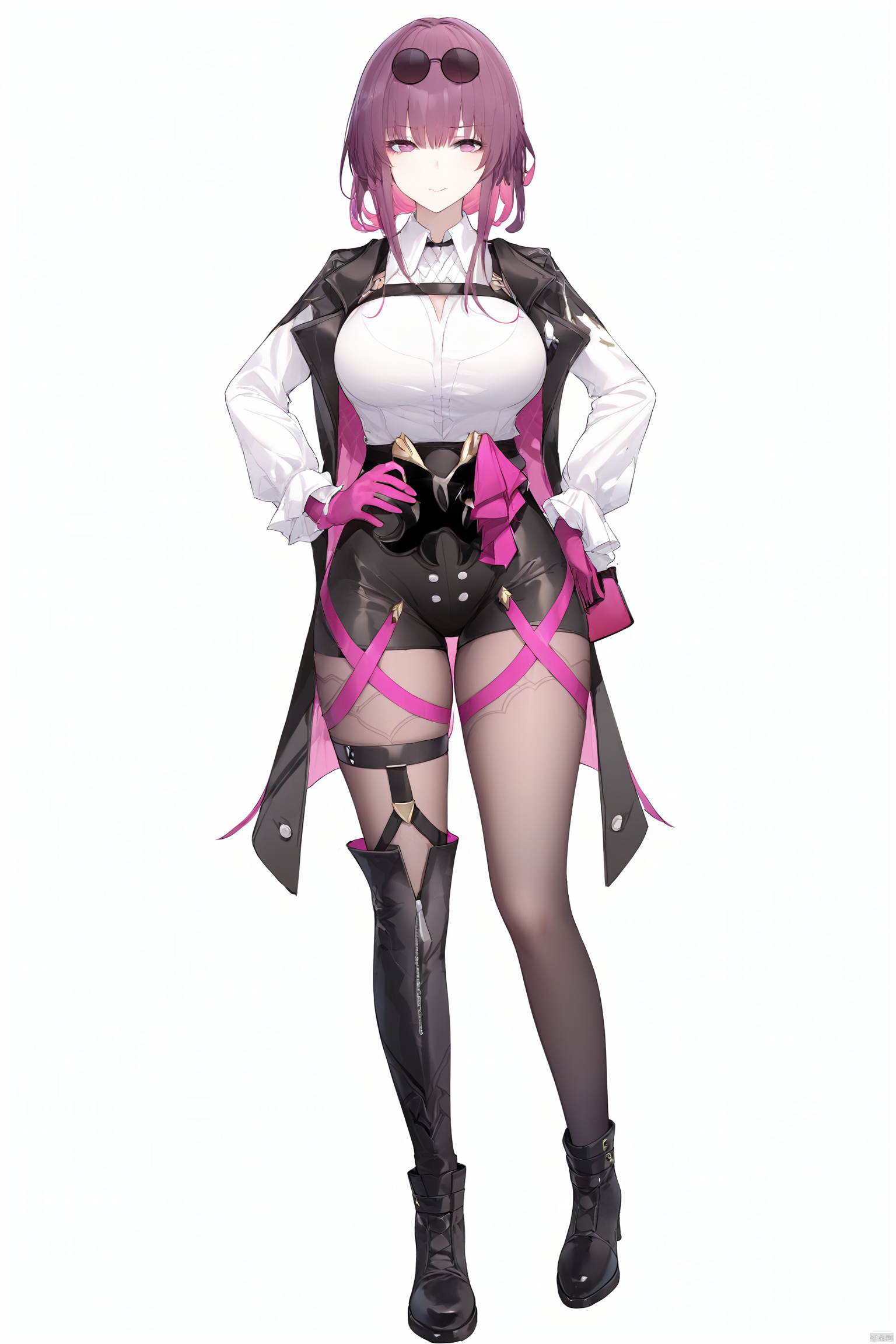 score_9,score_8_up,score_7_up,best quality,masterpiece,source_anime,8k,best quality,masterpiece,(ultra-detailed),(high detailed skin),symmetrical,(full body),white background,standing,looking at viewer,(solo),hand on hip, --------------------------,
kafuka, 1girl, gloves, pantyhose, purple hair, sunglasses, eyewear on head, large breasts, white shirt, black short, boot,black footwear, bangs, long sleeves, purple eyes,jacket,
(white background:1.2)<lora:EMS-322053-EMS:0.700000>, <lora:EMS-290661-EMS:0.500000>, <lora:EMS-326071-EMS:0.800000>
