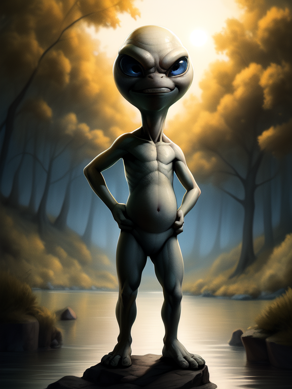 <lora:PaulAlienYif:1> PaulAlienYif, Alien, gray skin, slippery skin, nude, naced, blue eyes, small body, chibi,  four fingers, 
[ clear sunny day, the sun is shining, Forest, grass, bushes, flowers, day, sun, lake, gray stones,], beautiful  
(beautiful, aesthetic, perfect, delicate, intricate, saturated colors), masterpiece, digital drawing, best quality, <lora:mdchibi:0.3> chibi, <lora:TeethXL:1> teeth
( three fingers), orgasm face, Looks at the viewer, Male, Detailed multicolored fur, small details in the background,
, ((Hands on hips, , looking down at viewer, angry pose ))
by Scavy, by Nicola Samori, by Zack Snyder, by Ferdinand Knab