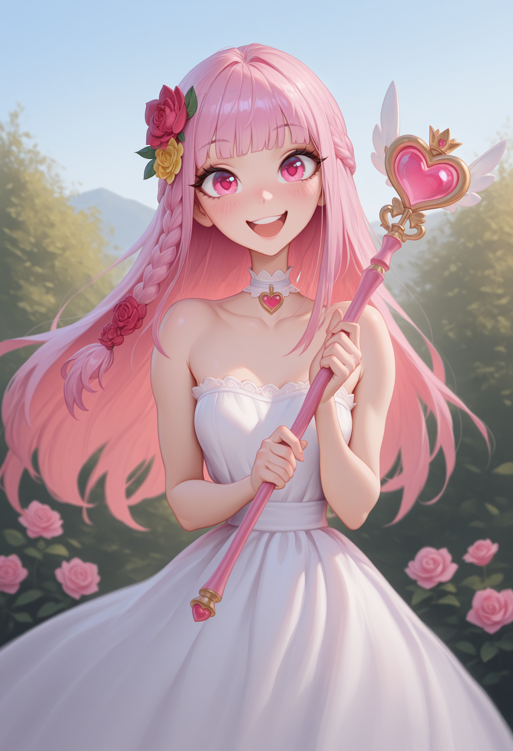 <lora:bonifasko:1>,bonifasko style,masterpiece, absurdres, highres,amazing quality, best quality, extremely detailed, 8k,1girl,blunt bangs,blurry,blush,braid,choker,cowboy shot,day,depth of field,dress,floating hair,flower,hair flower,hair ornament,head tilt,heart wand,holding,holding wand,long hair,looking at viewer,nikki (series),open mouth,outdoors,pink eyes,pink flower,pink hair,red flower,rose,shining nikki,side braid,sleeveless,sleeveless dress,smile,solo,standing,strapless,strapless dress,upper body,wand,white dress,yellow flower