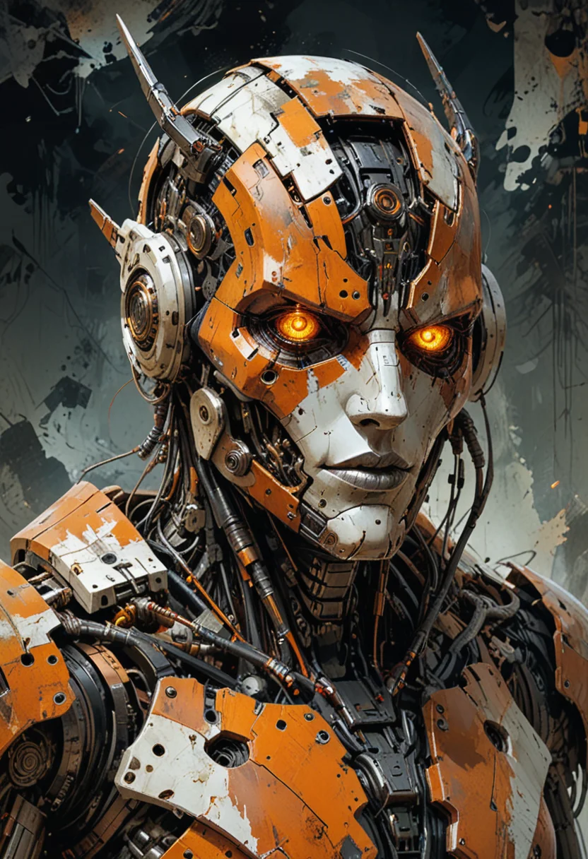 Grunge style cyborg robot, rust and scratches, heavy patina, half of its face is obscured by damaged circuitry and exposed wiring hinting, despite its apparent malfunction the robot stands tall and proud testament to survival against all odds, atmospheric perspective, harsh light, style of Guweiz and Stephan Martiniere,, rating_safe, <lora:YossiKotlerXLStyle:0.4> yktlr, painting, orange, black, white, large,
<lora:sdxl_lightning_8step_lora:1.0> . Textured, distressed, vintage, edgy, punk rock vibe, dirty, noisy