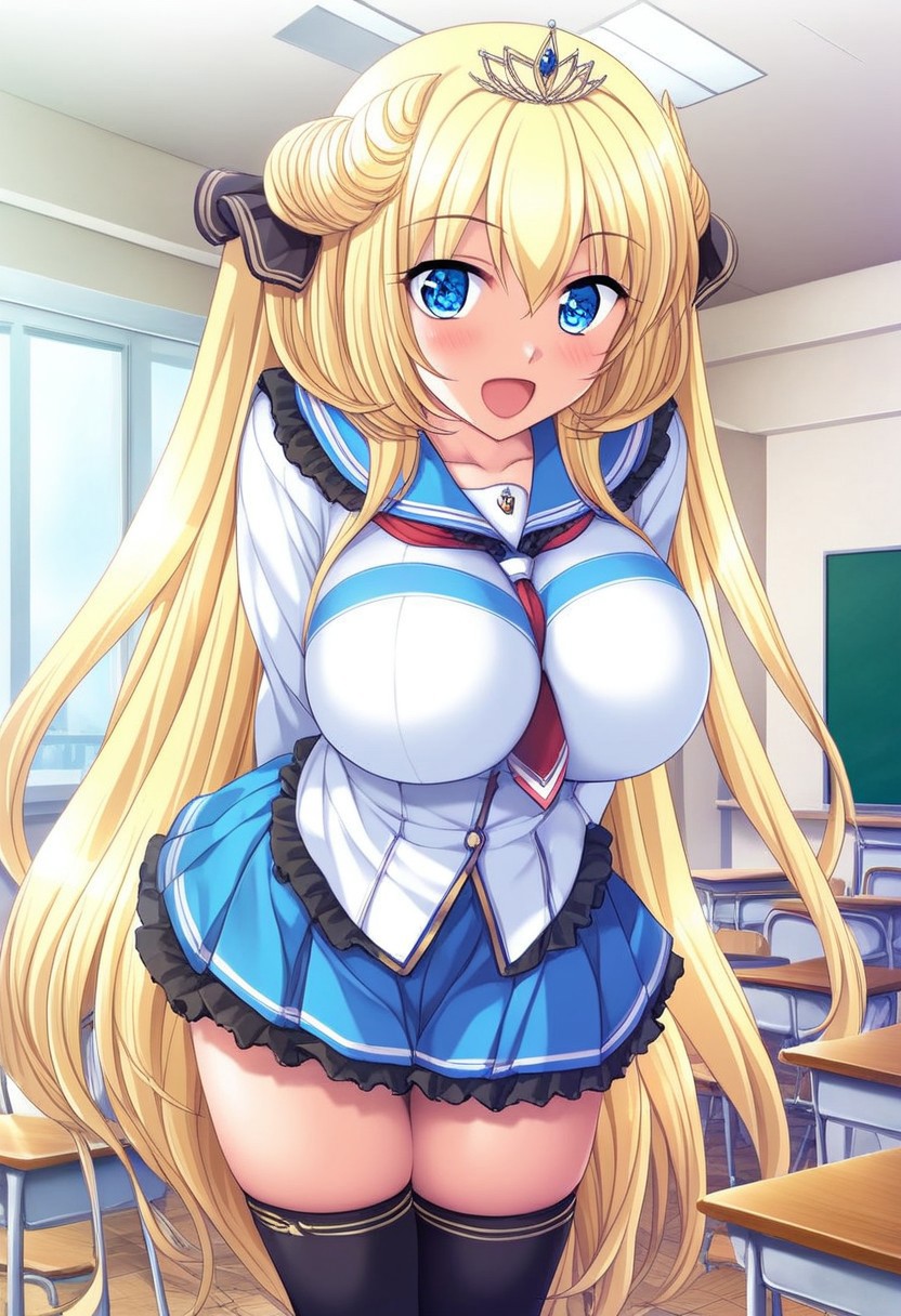 masterpiece, absurdes, highly detailed, highres, high quality, best quality, score_9_up, score_8_up, score_7_up, 2D, anime_source, source_anime, high resolution, detailed face, best quality, detailed eyes, High-resolution portrait, sharp detail, masterpiece, anime style, cowboy shot, rare view, looking at viewer, 
Break,
Michelle de La Farge, 1girl, solo, solo focus, breasts, huge breasts, sexy, curvy, voluptuous, pale, slim, Blond hair, Odango, Ringlet, Side hair, Spiky Bangs, Twin Tails, V Bangs, long hair, blue eyes, tsurime, cross symbols in eyes, school uniform, white blouse, blue trimmings on blouse, red necktie, long sleeves, pleated blue skirt, thigh-high black stockings, relaxed posture, smile, open mouth, faint blush hands behind back, leaning forward,
Break,
indoor, classroom, windows, natural light,
