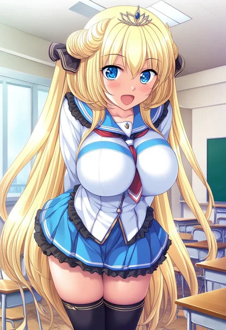 masterpiece, absurdes, highly detailed, highres, high quality, best quality, score_9_up, score_8_up, score_7_up, 2D, anime_source, source_anime, high resolution, detailed face, best quality, detailed eyes, High-resolution portrait, sharp detail, masterpiece, anime style, cowboy shot, rare view, looking at viewer,
Break,
Michelle de La Farge, 1girl, solo, solo focus, breasts, huge breasts, sexy, curvy, voluptuous, pale, slim, Blond hair, Odango, Ringlet, Side hair, Spiky Bangs, Twin Tails, V Bangs, long hair, blue eyes, tsurime, cross symbols in eyes, school uniform, white blouse, blue trimmings on blouse, red necktie, long sleeves, pleated blue skirt, thigh-high black stockings, relaxed posture, smile, open mouth, faint blush hands behind back, leaning forward,
Break,
indoor, classroom, windows, natural light,