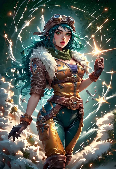((zPDXL3)), ((masterpiece,best quality, highly detailed)), ((score_9)), score_8_up, score_7_up, score_6_up, score_5_up, score_4_up, Digital painting style, brushstrokes, ((EnhanceImage)), solo, 1girl, IreliaARLoLXL, pink lips, green eyes, aqua hair, long hair, bangs, goggles on head, large breasts, green scarf, cleavage, brown jacket, fur trim, short sleeves, yellow bodysuit, blue bodysuit, black gloves, belt, brown boots, IreliaARLoLXL in Ww2plane, Fighter,
Expressiveh, 30yo, adult lustful confident woman, petite, slender body, perky saggy natural breasts, full lips, bangs, sidelocks, straps,
chinese magical sorceress, animated, swirling magic, wisps of magic, tight squeezed outfit, magical accessories, evoking motion, conveying motion, dynamic splash art,
<lora:PainterlyFantasiaPDXL:0.6>,