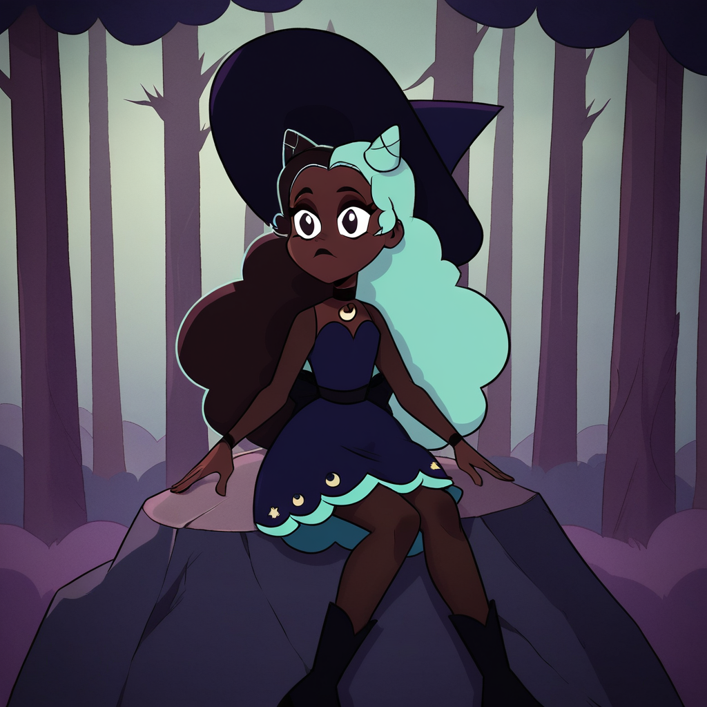 score_9_up, score_8_up, BREAK, PiperStubbs, 1girl, solo, dark skin, multicolored hair, long hair, hair horns, black eyes, black lipstick, witch hat, black choker, blue dress, Sheer Sleeve, Sheer legwear, black boots, forest, sitting on rock, closed mouth,  <lora:PiperStubbs_PXL_Leaf1:0.9>