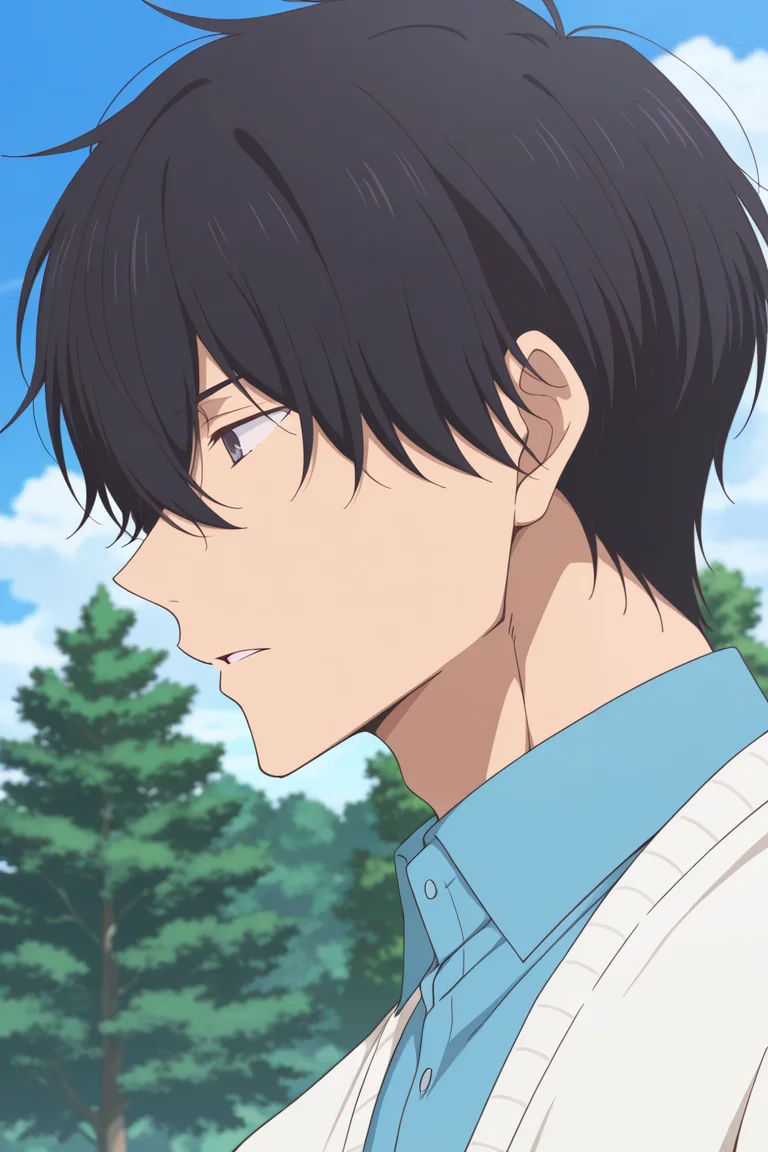 masterpiece, best quality, amazing quality,high resolution, intricate details,official style,depth of field,anime screencap,anime coloring , , , 1boy, solo, male focus, <lora:Nezu_Chuukichi:0.72>,nezu chuukichi,black hair,short hair,dark gray eyes,hair over eye,collared shirt,white jacket, blue shirt, cardigan,hair between eyes,parted lips, outdoors, sky, day, cloud, from side, blue sky, tree, profile, portrait