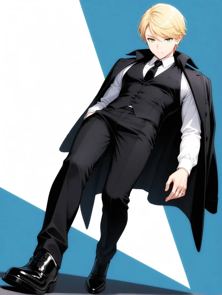 masterpiece, very aesthetic, best quality, solo, dynamic angle, amazing quality, 25 years old, masculine, fit body, male, imtdfelixfathom, 1boy, blonde hair, vest, short hair, shirt, necktie, green eyes, back vest, white shirt, long sleeves, pants, formal, black necktie, collared shirt, waistcoat, swept bangs, ring, black footwear, full body, two tone background
