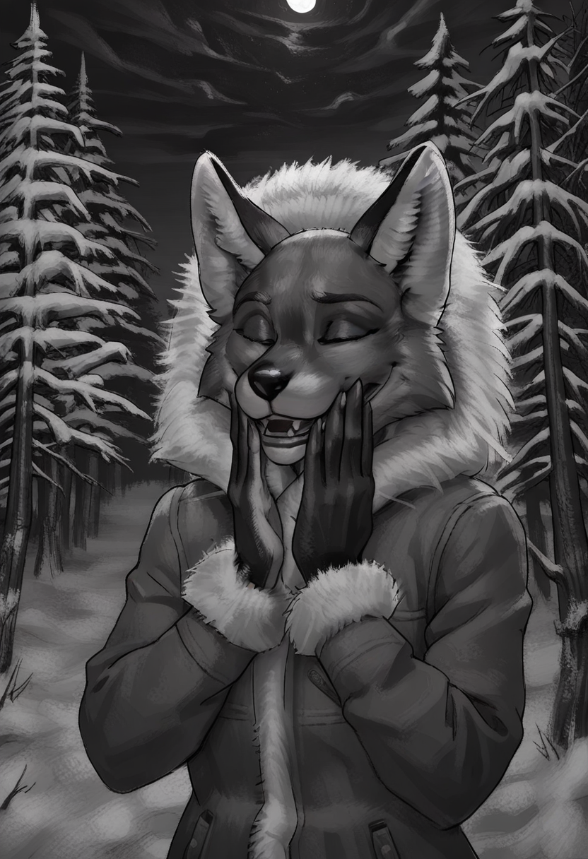 masterpiece, high quality, f33lsg00d, z41ch1k, 1girl, solo, hands on own face, closed eyes, parted lips, light smile, upper body, greyscale, monochrome, furry, anthro, fox, fur trim, winter clothes, coat, forest, winter, night,