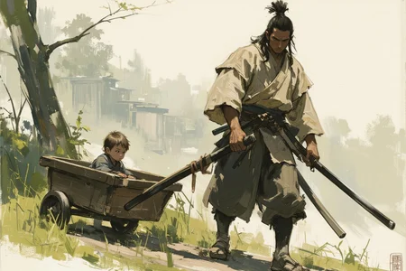 sketch painting. A stoic samurai dressed in traditional tattered kimono pushes a wooden cart through a serene yet dangerous landscape. Inside the cart sits a small child, quietly observing the world with wide eyes, drawing clear inspiration from "Lone Wolf and Cub." The samurai's hand grips the handle of the cart firmly, while his other hand rests on the hilt of his katana, ready for any threat. The background is a misty forest or ancient village, with hints of danger lurking in the shadows. The scene exudes a sense of duty, protection, and the quiet intensity of a warrior's journey. <lora:Eldritch_Paint_Sketch_for_Flux_1.0.5:0.5><lora:776874109985559719:0>