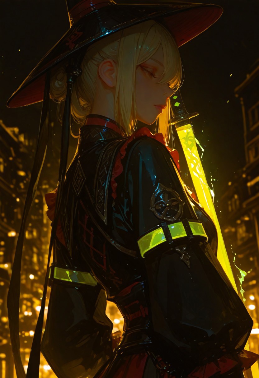 (score_9, score_8_up, score_7_up), masterwork, masterpiece, best quality, (realistic:1.3), (lineless:1.2), detailed, 8K, dynamic lighting, high detail, depth of field, blurry, cheekbones, city theme, full-body, glowing katana, glowing Pra Jiad armbands, avant-garde urban clothing, rugged outfit with frills and fringes, non la conical hat, neon glowing accents, athletic figure, flowing dark garment, glowing yellow background, radiant aura, high contrast, vibrant lighting, intricate details, mysterious vibe, stunning lighting, soft neon tints, luminescence, vibrant background, intense shadows, regal appearance, futuristic vision, unique fusion of traditional and modern, expressive, ethereal, glowing aura, expressive highlights, realistic glowing elements, 1girl, tall, athletic frame, powerful presence, illuminated from behind, soft glow from neon katana, glowing accessories, dramatic atmosphere, <lora:Niji FLUX:v1.0:1.00> <lora:Velvet's Mythic Fantasy Styles | Flux + Pony:Flux V2:0.75> <lora:Hands XL + SD 1.5 + FLUX.1-dev:Hand F1D v2.0:1.00> <lora:Sinfully Stylish (dramatic lighting):v.02 For Flux:0.40> <lora:Epic gorgeous Details:Balance_v2.0:0.85>