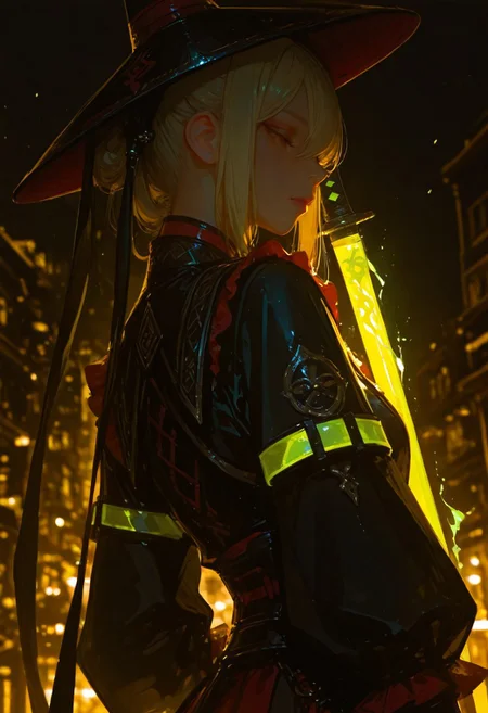 (score_9, score_8_up, score_7_up), masterwork, masterpiece, best quality, (realistic:1.3), (lineless:1.2), detailed, 8K, dynamic lighting, high detail, depth of field, blurry, cheekbones, city theme, full-body, glowing katana, glowing Pra Jiad armbands, avant-garde urban clothing, rugged outfit with frills and fringes, non la conical hat, neon glowing accents, athletic figure, flowing dark garment, glowing yellow background, radiant aura, high contrast, vibrant lighting, intricate details, mysterious vibe, stunning lighting, soft neon tints, luminescence, vibrant background, intense shadows, regal appearance, futuristic vision, unique fusion of traditional and modern, expressive, ethereal, glowing aura, expressive highlights, realistic glowing elements, 1girl, tall, athletic frame, powerful presence, illuminated from behind, soft glow from neon katana, glowing accessories, dramatic atmosphere, <lora:Niji FLUX:v1.0:1.00> <lora:Velvet's Mythic Fantasy Styles | Flux + Pony:Flux V2:0.75> <lora:Hands XL + SD 1.5 + FLUX.1-dev:Hand F1D v2.0:1.00> <lora:Sinfully Stylish (dramatic lighting):v.02 For Flux:0.40> <lora:Epic gorgeous Details:Balance_v2.0:0.85>